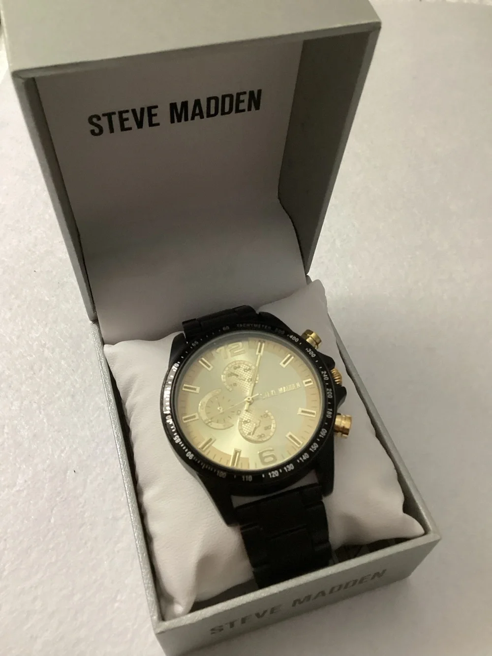 Steve Madden Iconic Champagne and Black Alloy Metal Watch, 45mm
